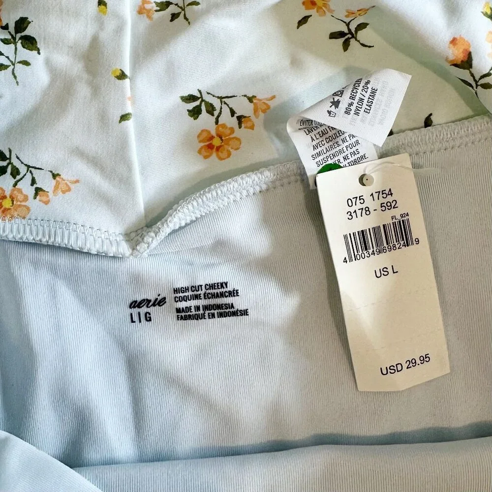 NWT Aerie Light Blue Floral High Cut Cheeky Bikini Bottom - Size: Large